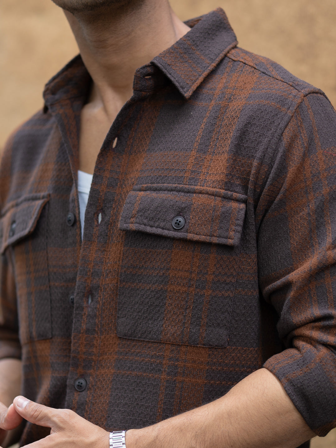 Dark Brown Structured Checks Shirt