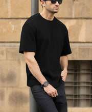 Black Structured Oversized Half Sleeves T Shirt.