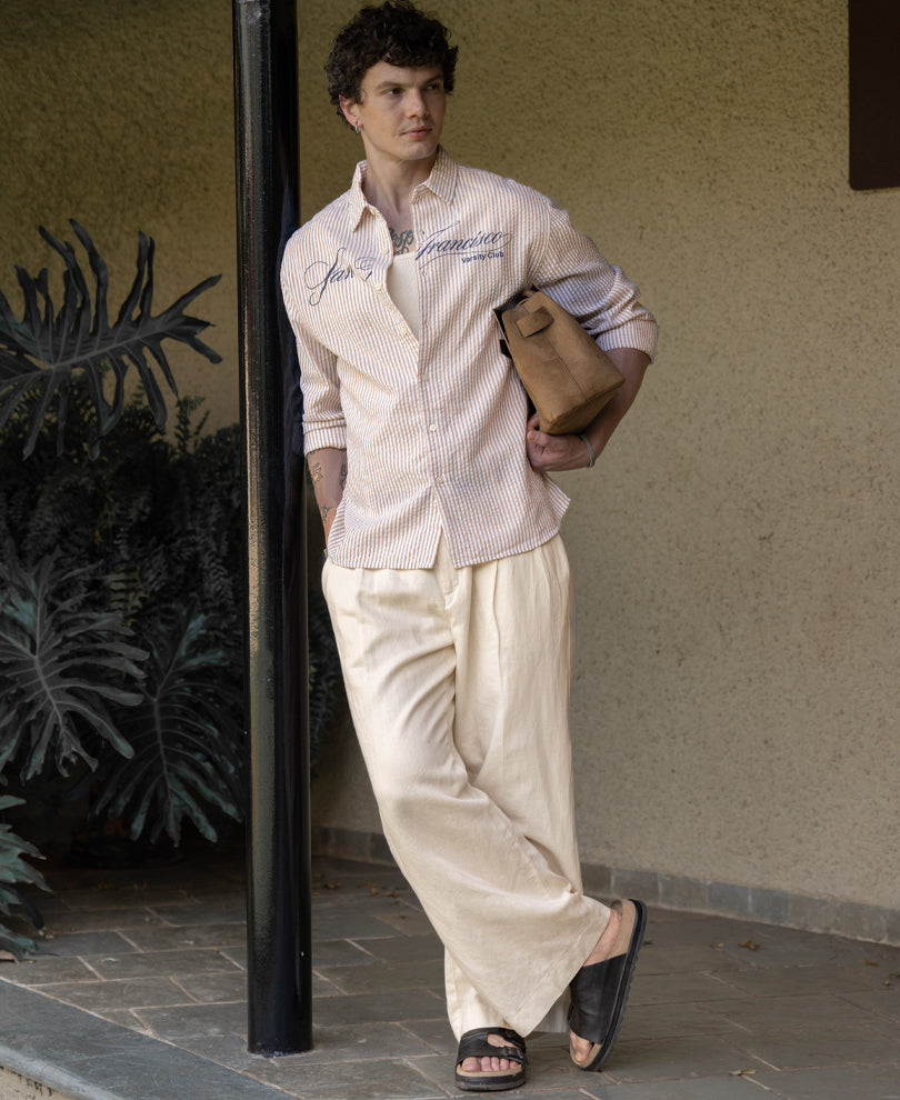 Beige Seersucker Printed Stripe Shirt