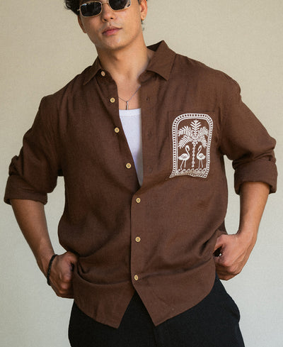 Brown Linen Blend Embroidery Shirt