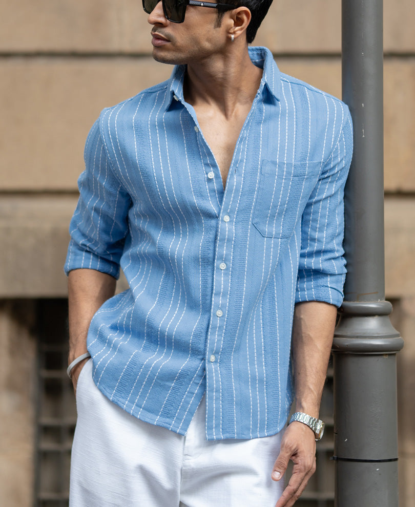 Blue Structured Striped Shirt