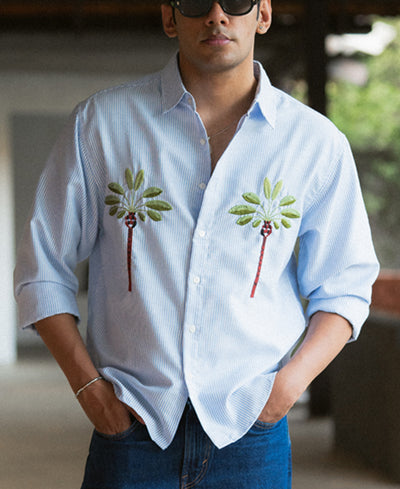 Blue Stripe Palm Embroidery Shirt