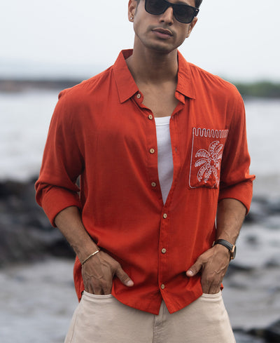 Spicy Orange Linen Blend Embroidery Shirt
