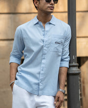 Blue Linen Blend Embroidered Shirt.