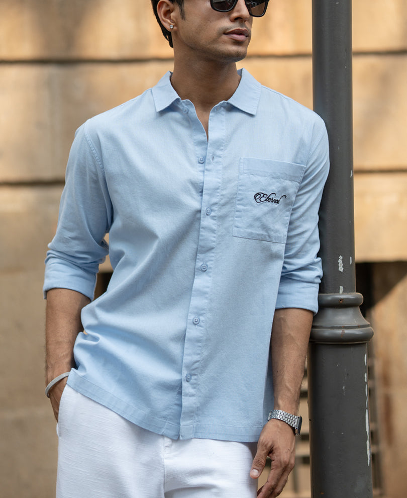 Blue Linen Blend Embroidered Shirt.