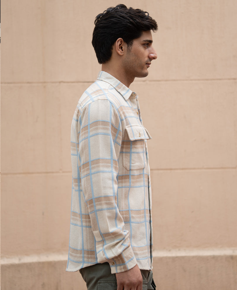 Beige Double Pocket Checks Shirt.