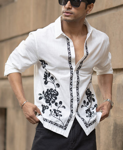 White Cotton Slub Embroidered Shirt