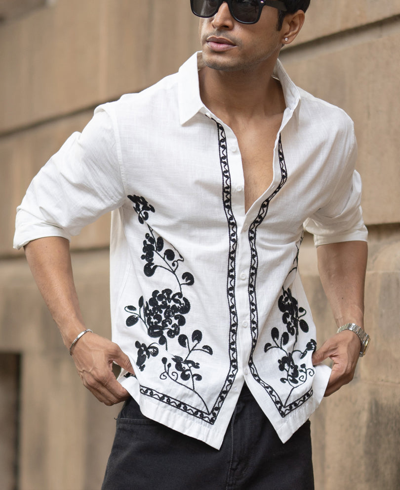 White Cotton Slub Embroidered Shirt