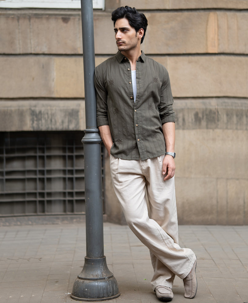 Olive Structure Embroidered Shirt