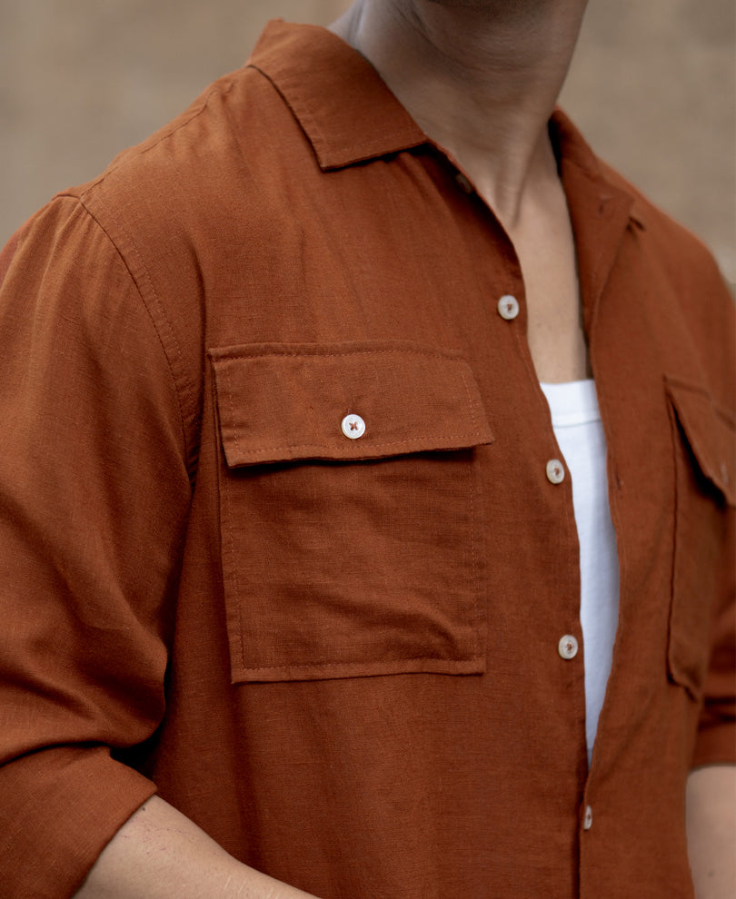 Tan Linen Double Pocket Shirt