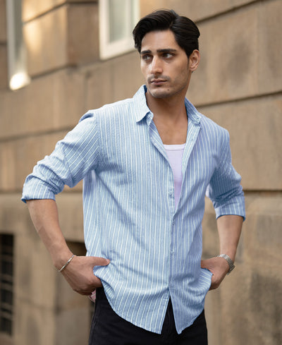 Blue Cotton Oxford Stripe Shirt