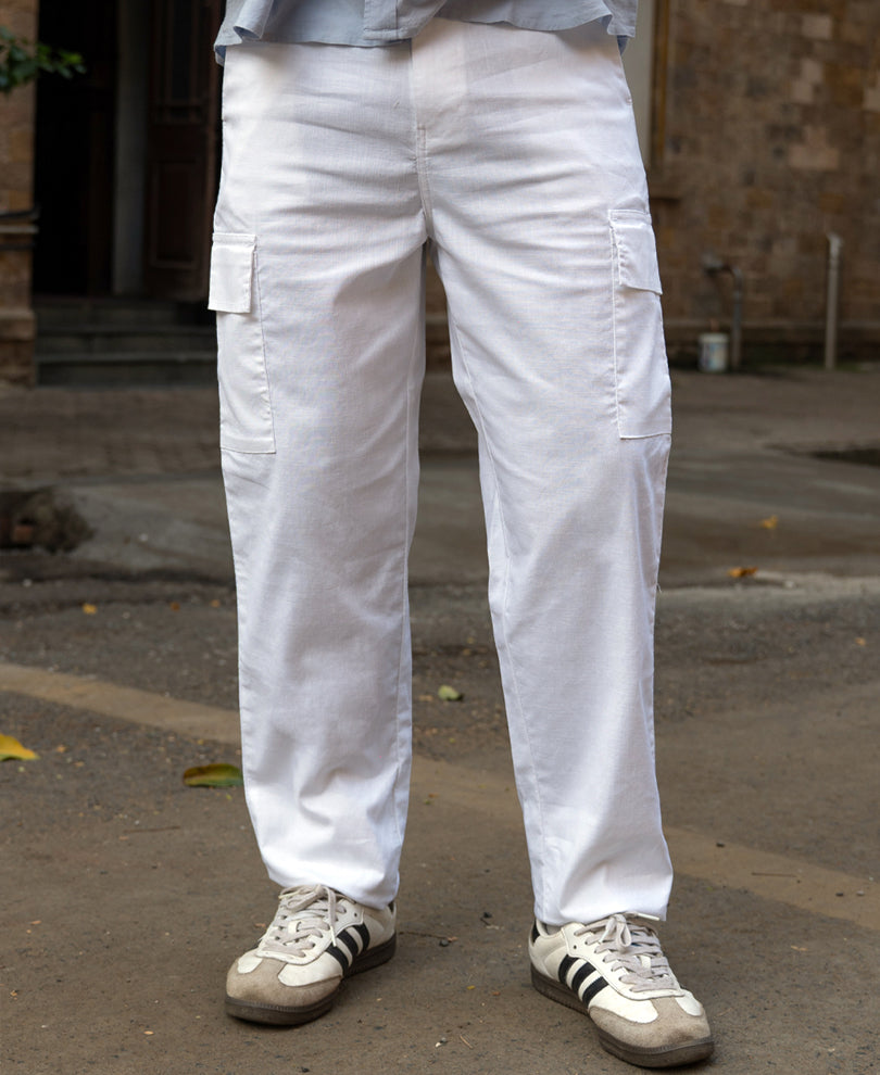 White Cotton Cargo Regular Fit Pant