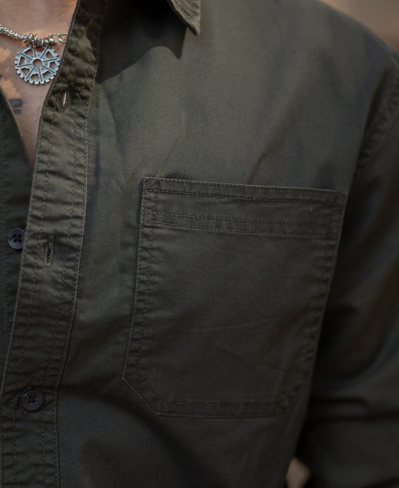 Dark Olive Cotton Twill Shirt.
