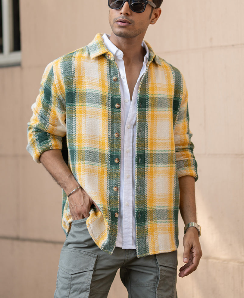 Yellow And Green Structured Checks Shirt.