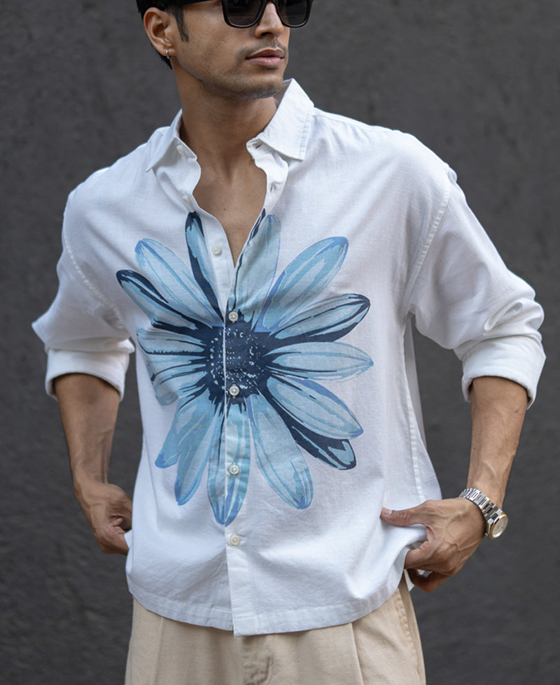 White Printed Boxy Lightweight Shirt.