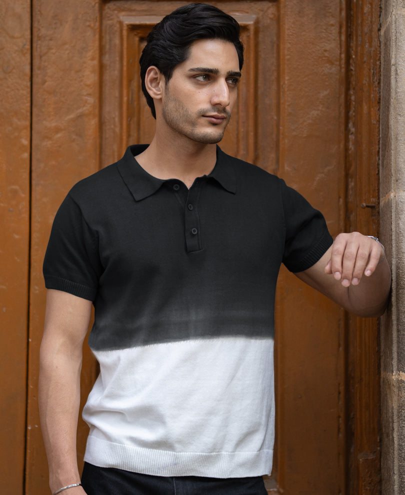 Black Ombre Knit Polo T-Shirt