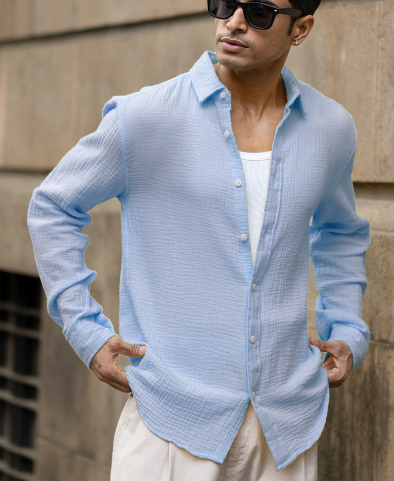 Light Blue Crinkled Cotton Shirt