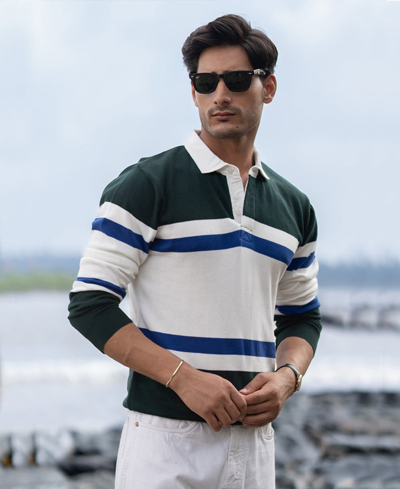 Olive And White Stripe Polo T-Shirt