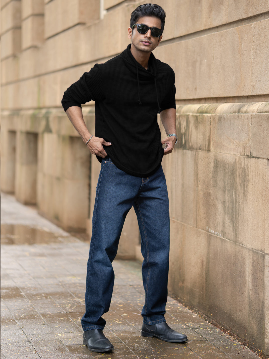 Black Structured High Neck T-Shirt