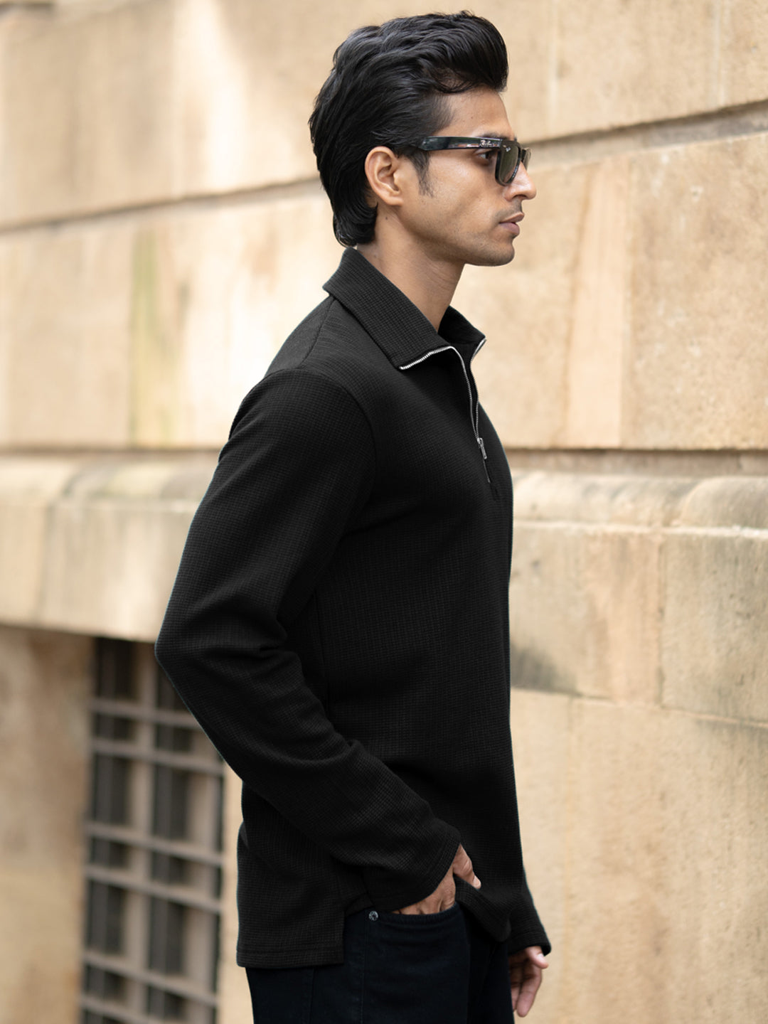 Black Knit Polo Zipper T-Shirt