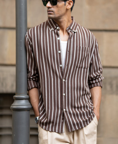 Brown Linen Blend Stripe Shirt