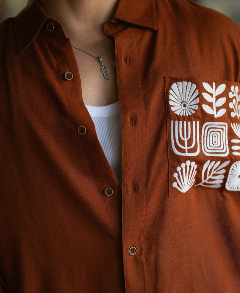 Rust Linen Blend Embroidered Shirt