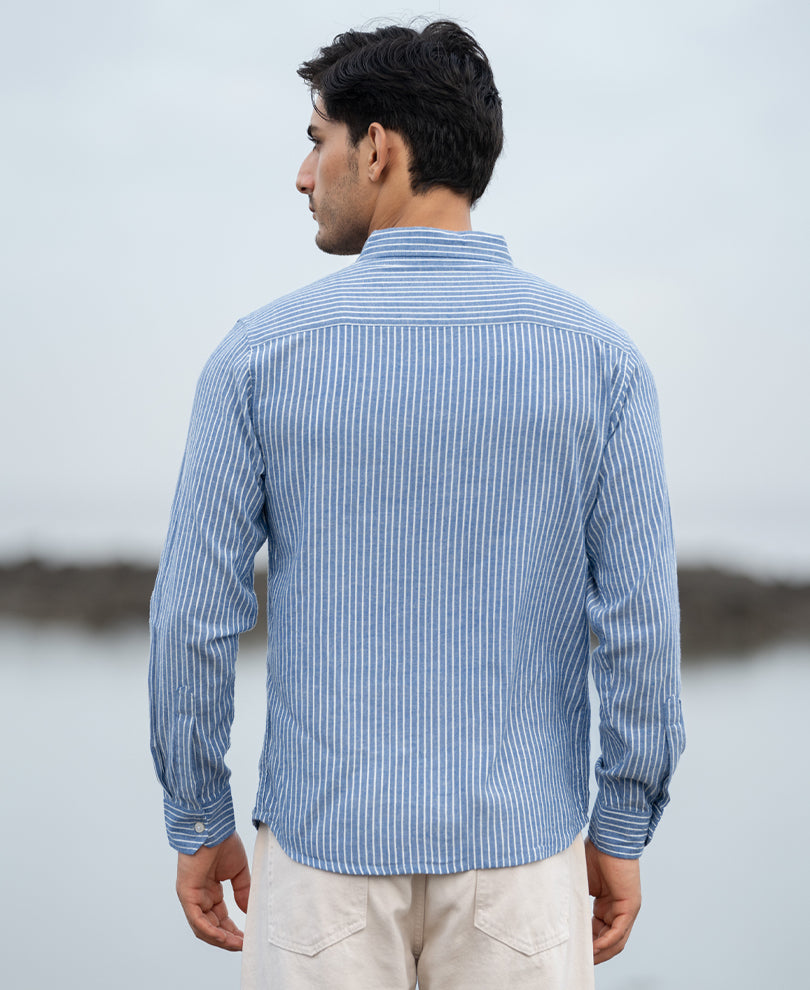 Blue Linen Blend Stripe Shirt