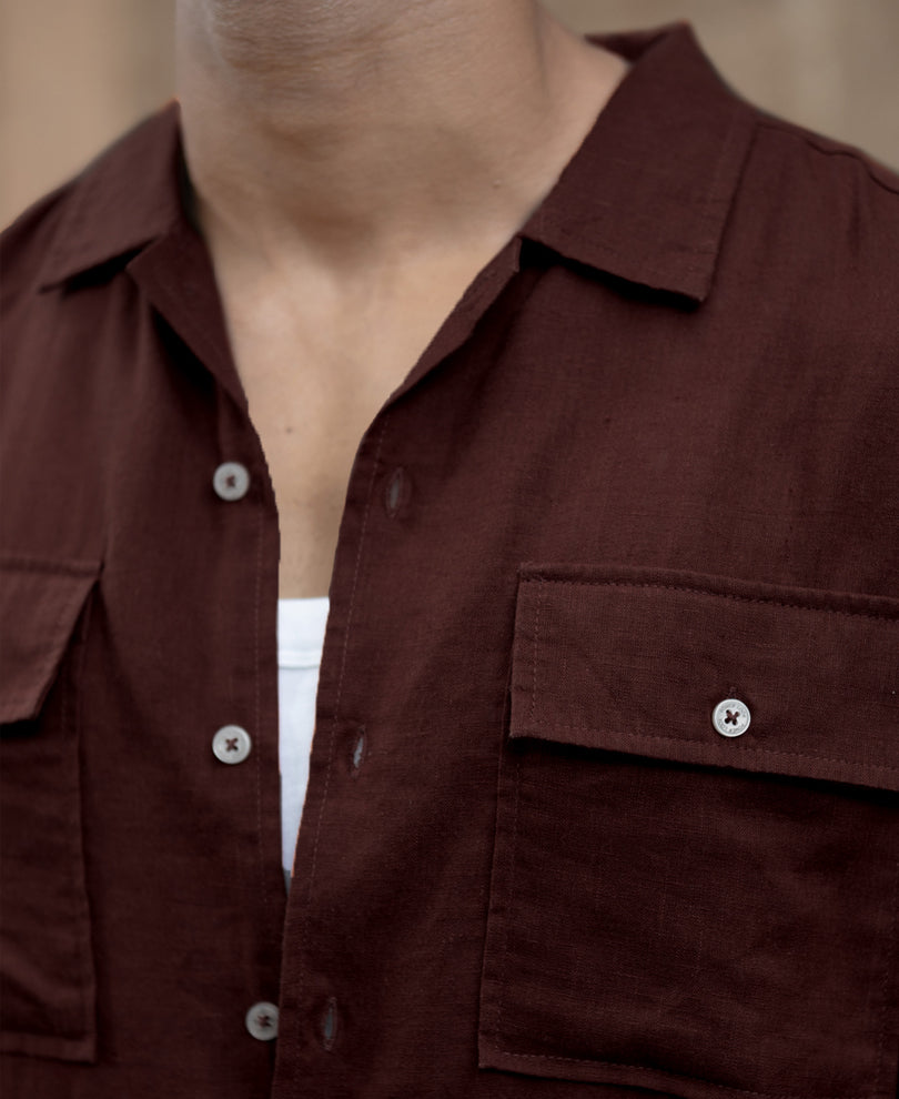 Wine Linen Double Pocket Shirt