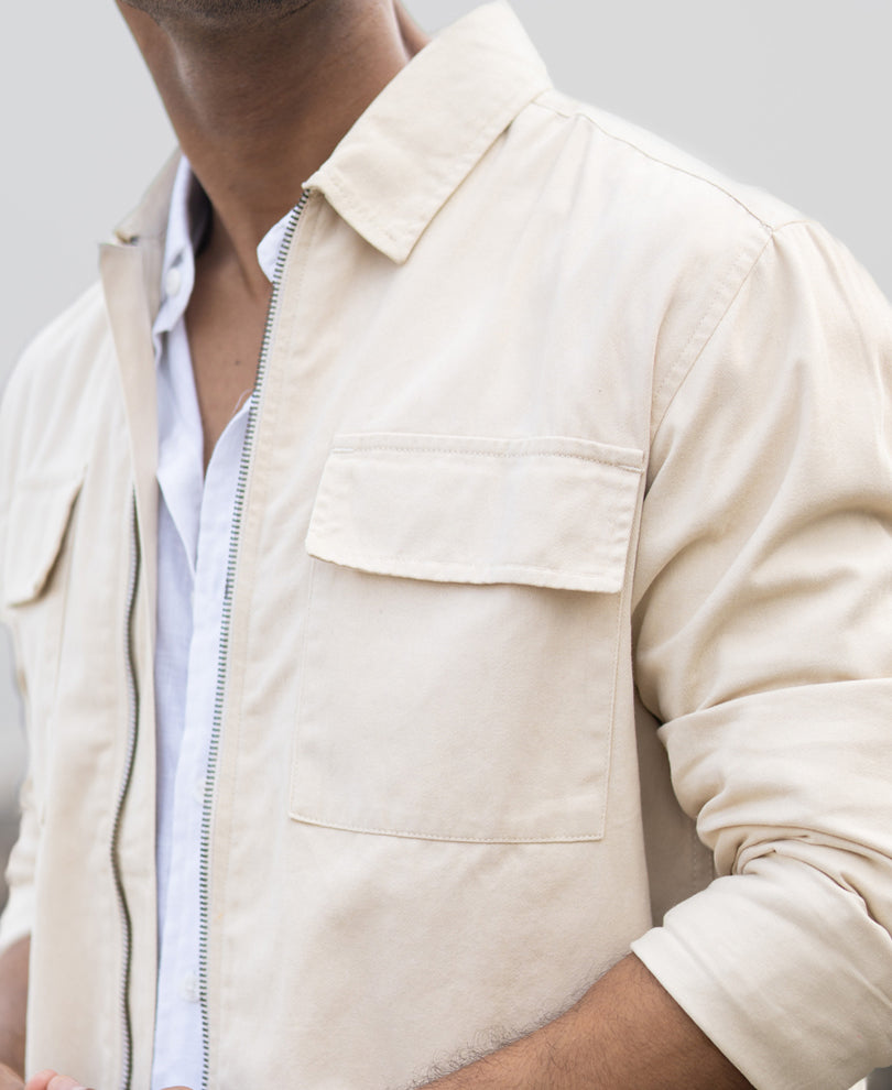 Light Beige Structured Zipper Overshirt