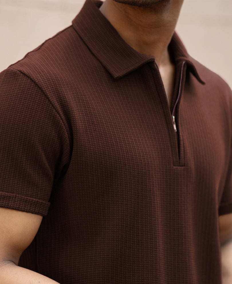 Brown Zipper Polo T-Shirt.