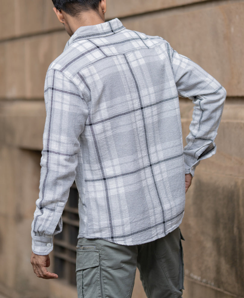 Light Grey Structured Checks Shacket Oversize Drop Shoulder Shirt