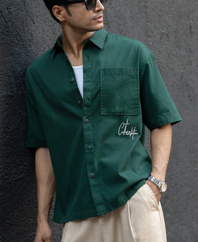 Dark Teal Embroidered Structured Shirt