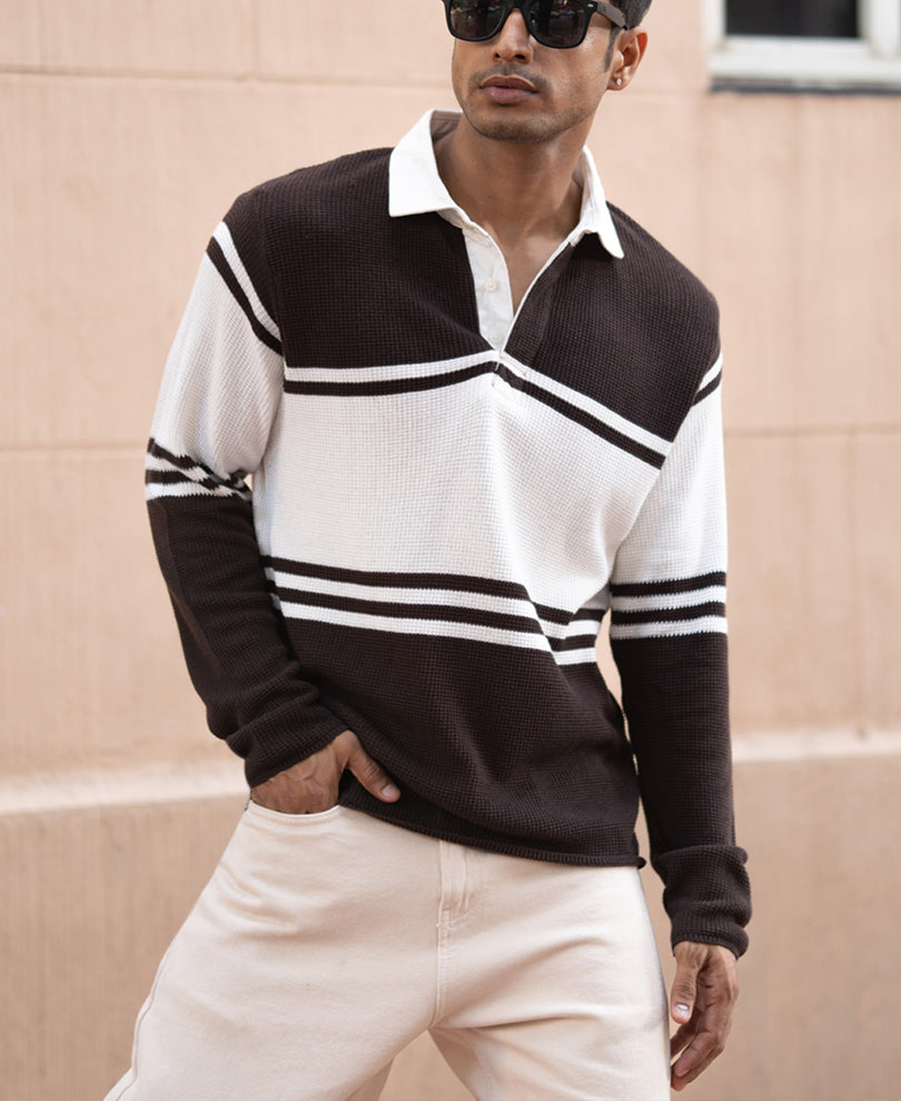 Coffee Brown Structured Stripe Sweatshirt