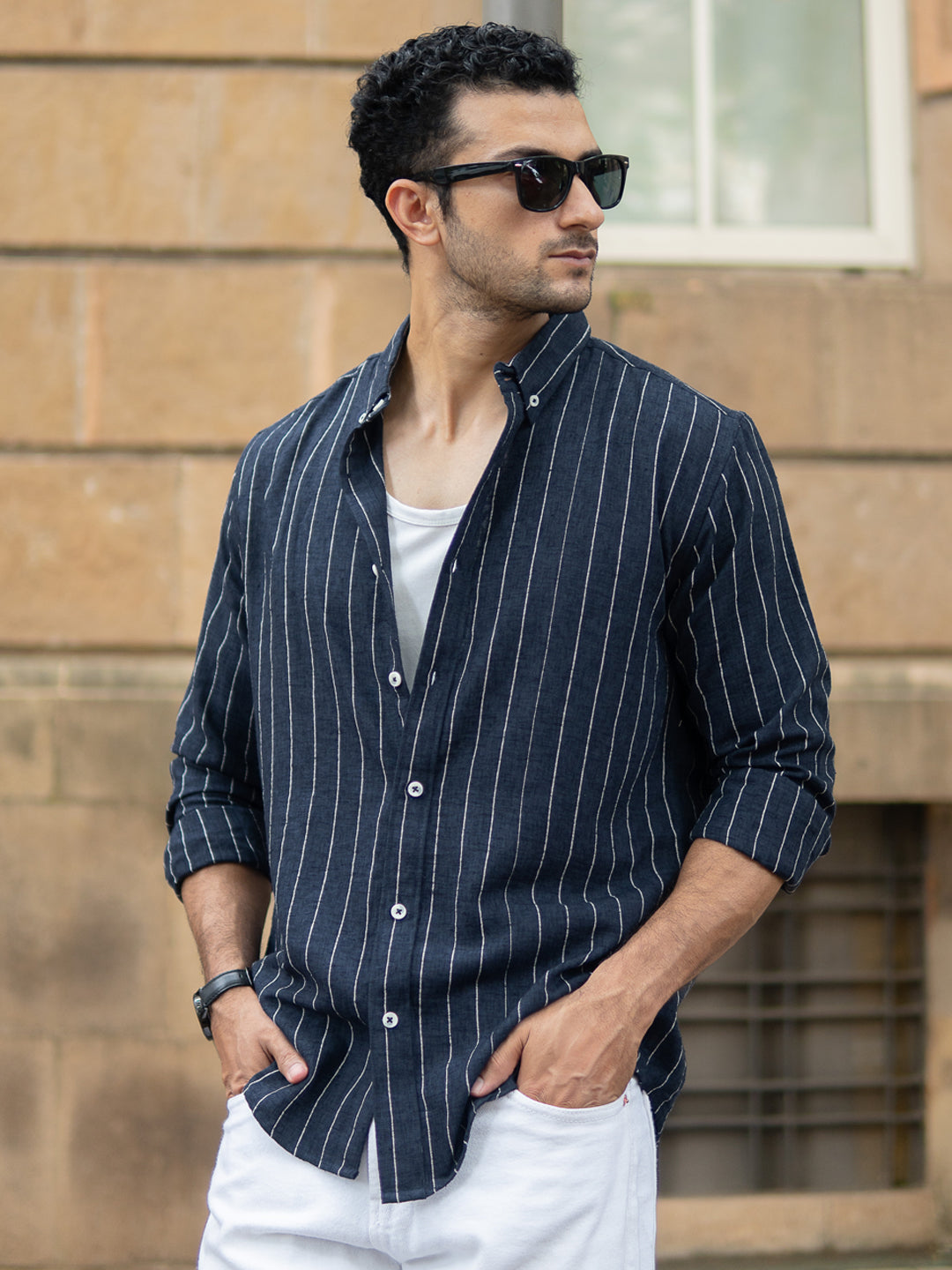 Dark Blue Flowy Striped Shirt
