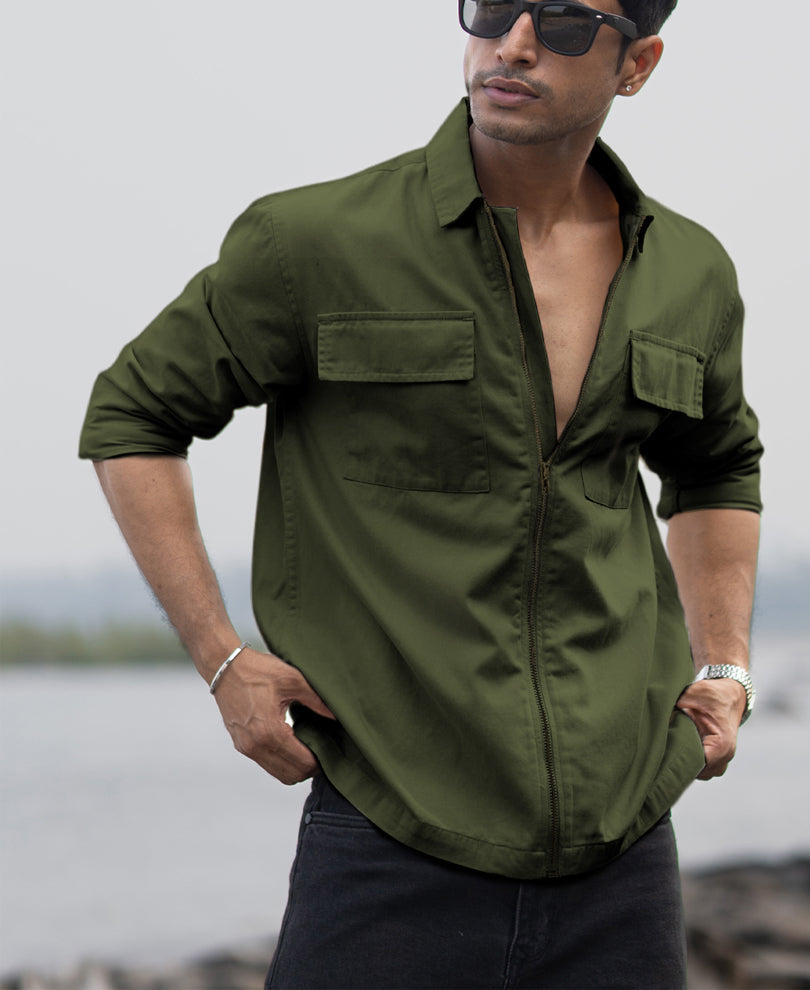 Olive Structured Zipper Overshirt