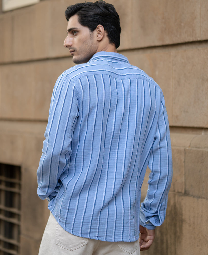 Blue Double Cloth Striped Shirt