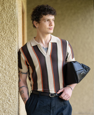 Beige Stripe Knit T-Shirt 100% Cotton