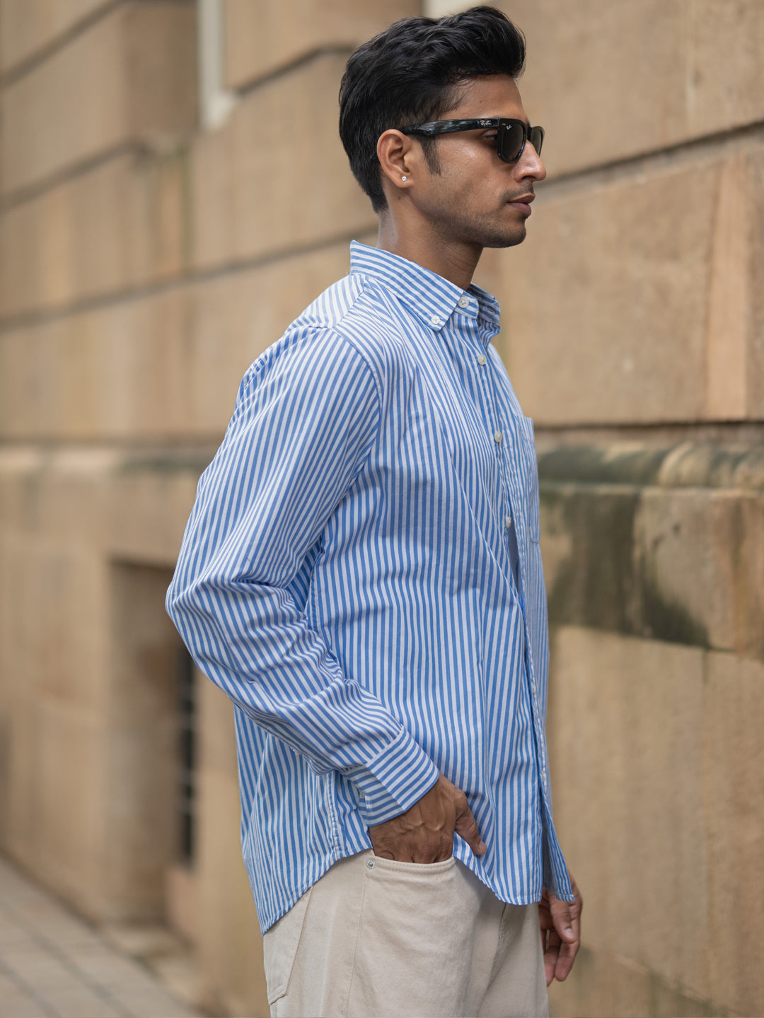 Blue Cotton Striped Buttondown Shirt