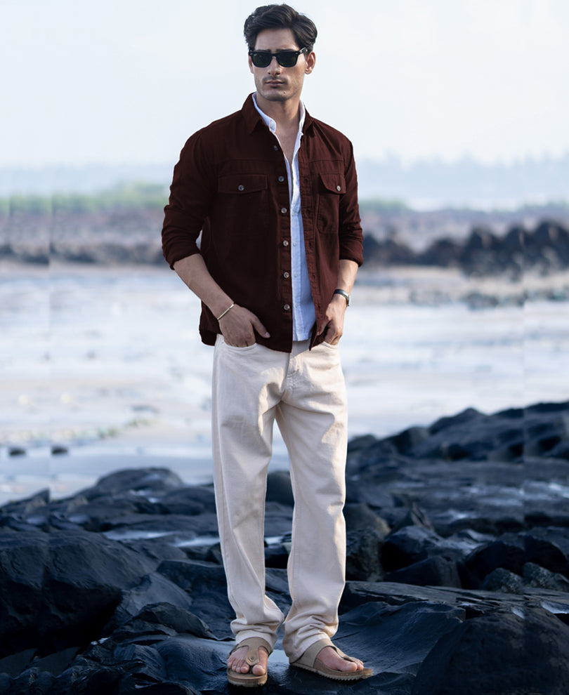 Wine Structured Overshirt With Pockets.