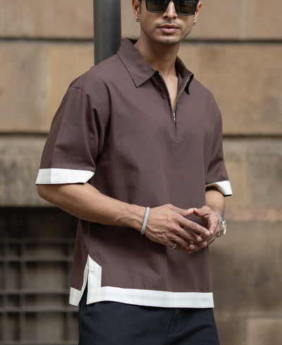 Dark Brown Boxy Fit Collar T-Shirt