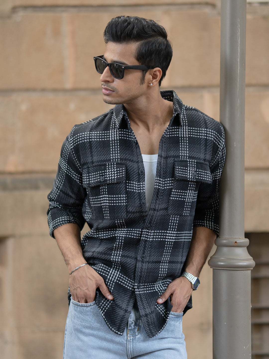 Black Structured Double Pockets Checked Shirt