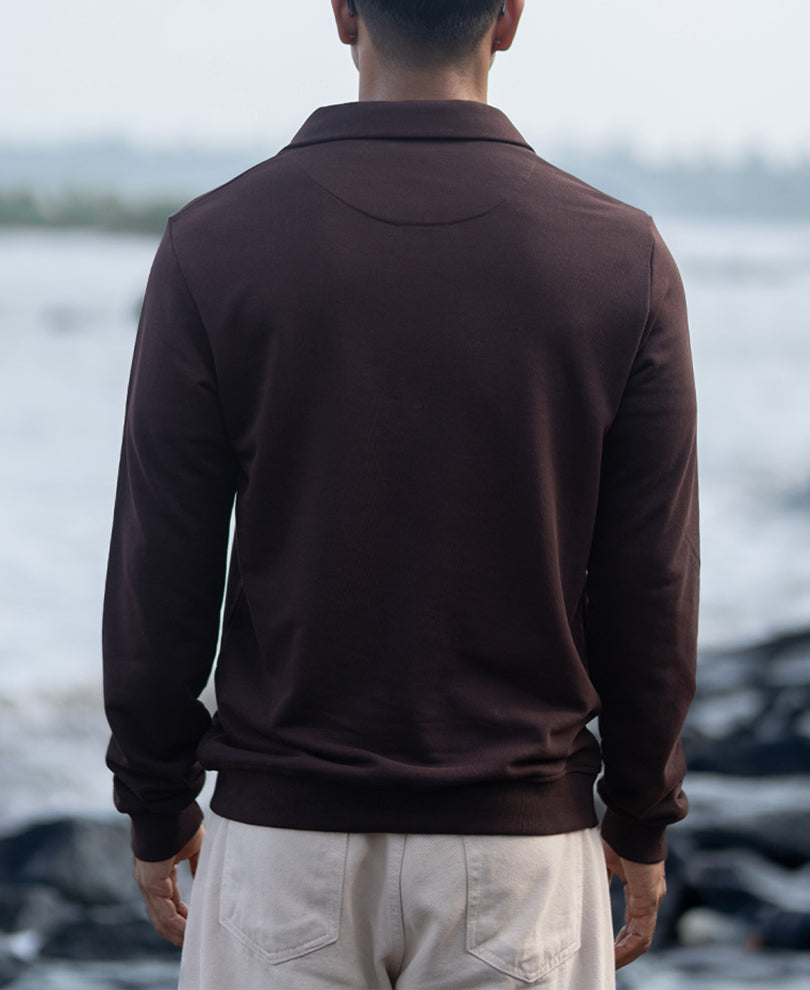 Brown Embroidered Quarter Zip Sweatshirt
