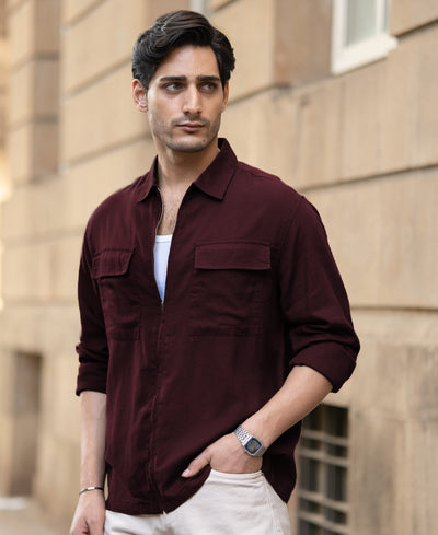 Wine Linen Blend Zipper Shirt