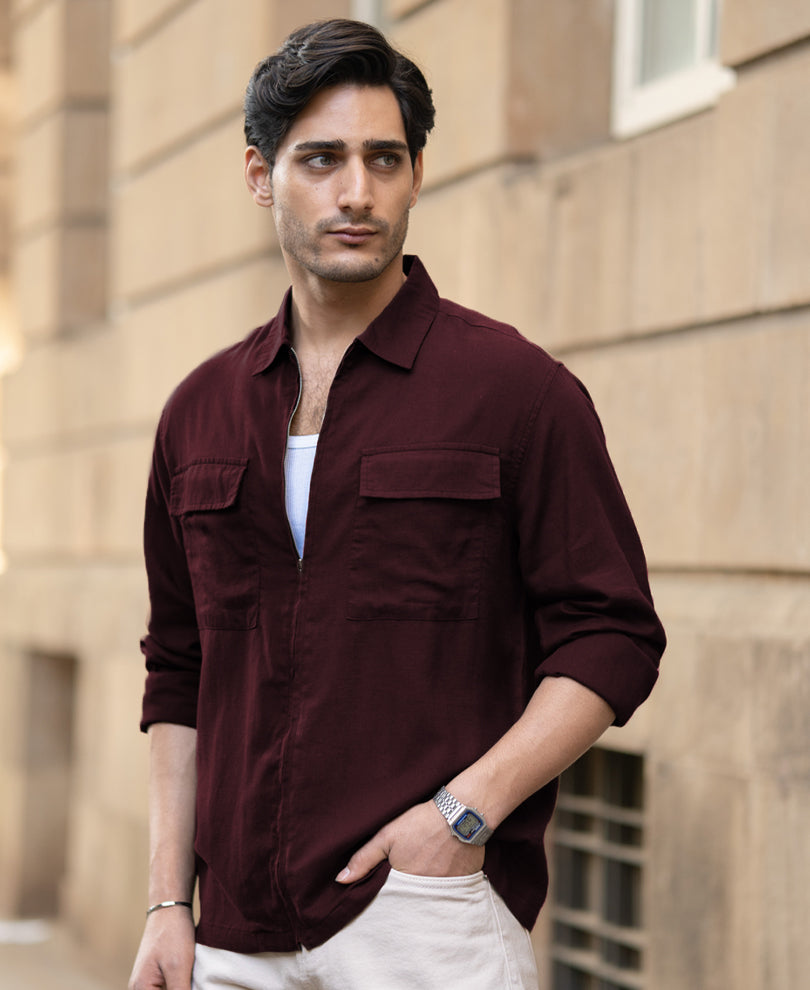 Wine Linen Blend Zipper Shirt