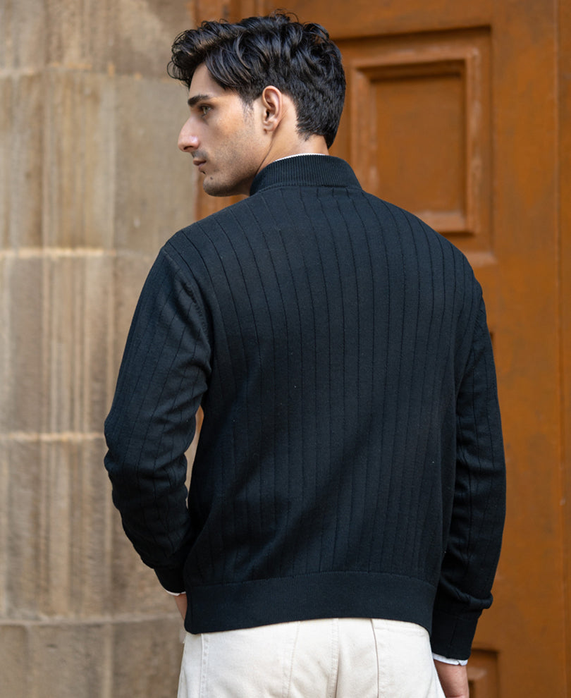 Black Structure Stripe High Neck Sweater