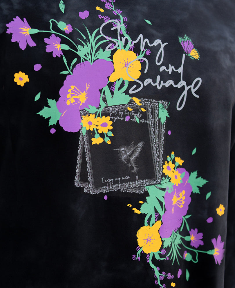 Black Washed Floral Print T-Shirt.
