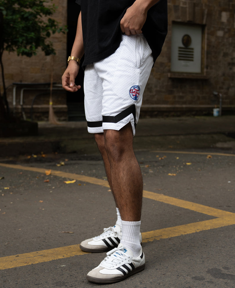 White Embroidered Mesh Basketball Shorts.
