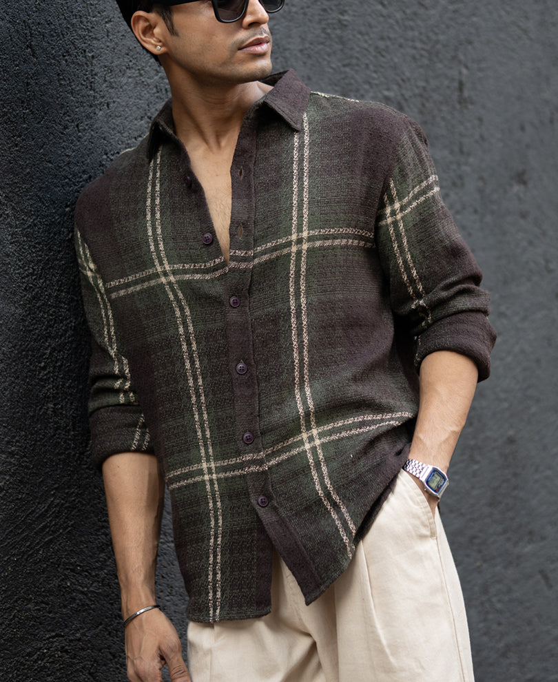 Dark Olive Structured Checks Shirt