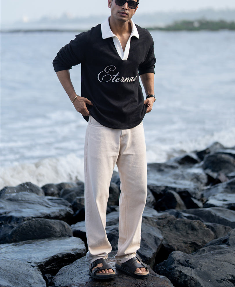 Black Embroidery Contrast T-Shirt