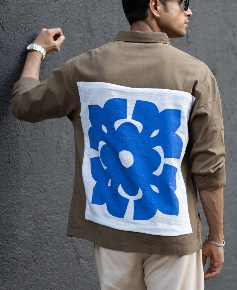 Dark Beige Printed Applique Shirt.